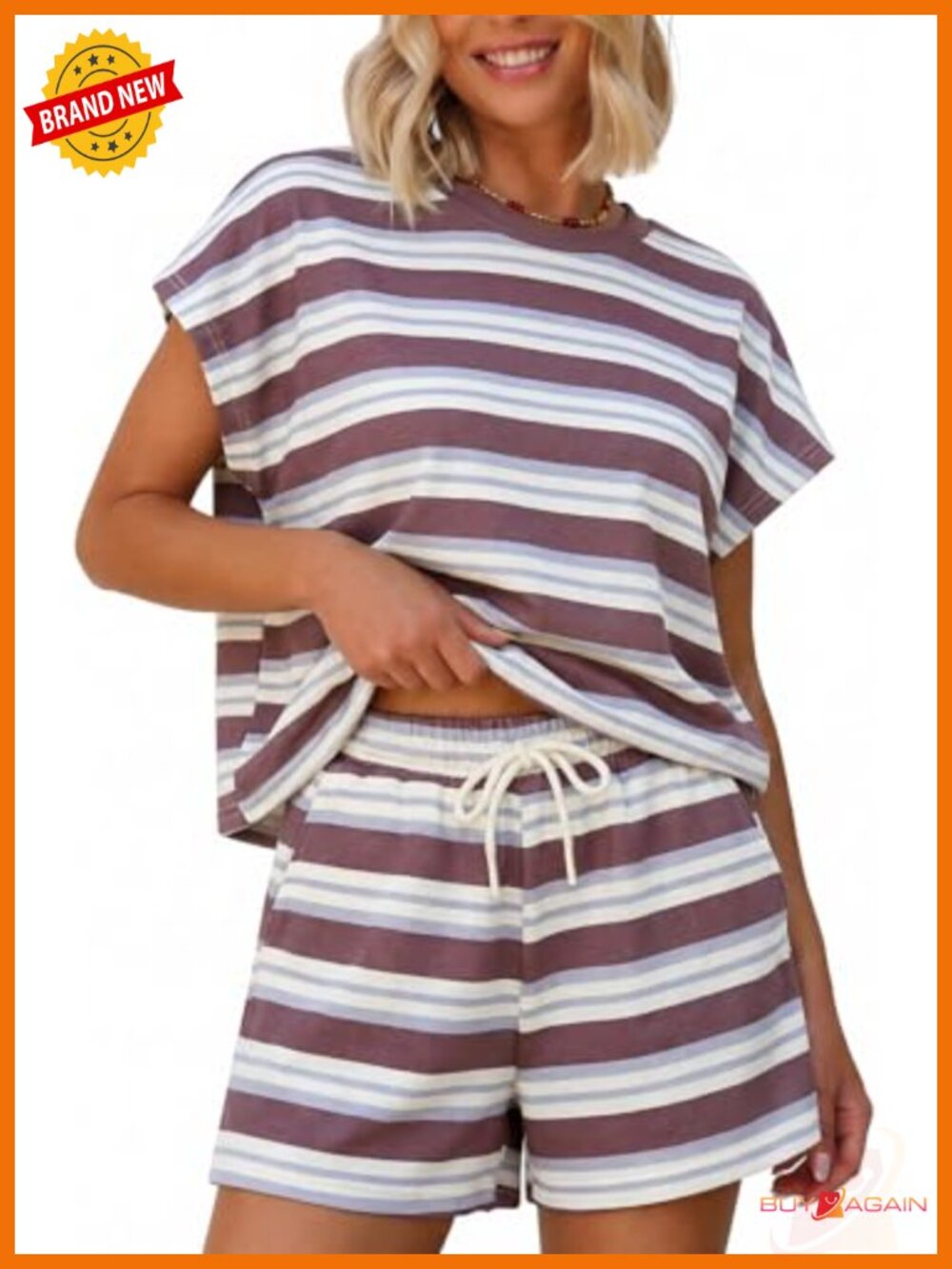 Womens 2 Piece Short Set Textured Striped Lounge Matching Outfit